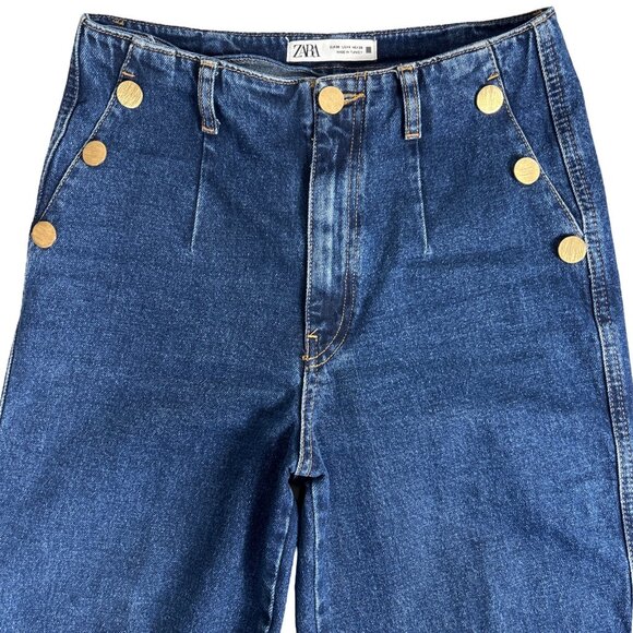 Zara High Waisted Sailor Wide Leg Cropped Jeans Gold Button Nautical Denim - Picture 5 of 16